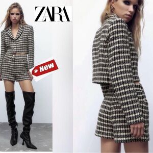 Zara black white textured woven tweed high waisted shorts Sz L NWT